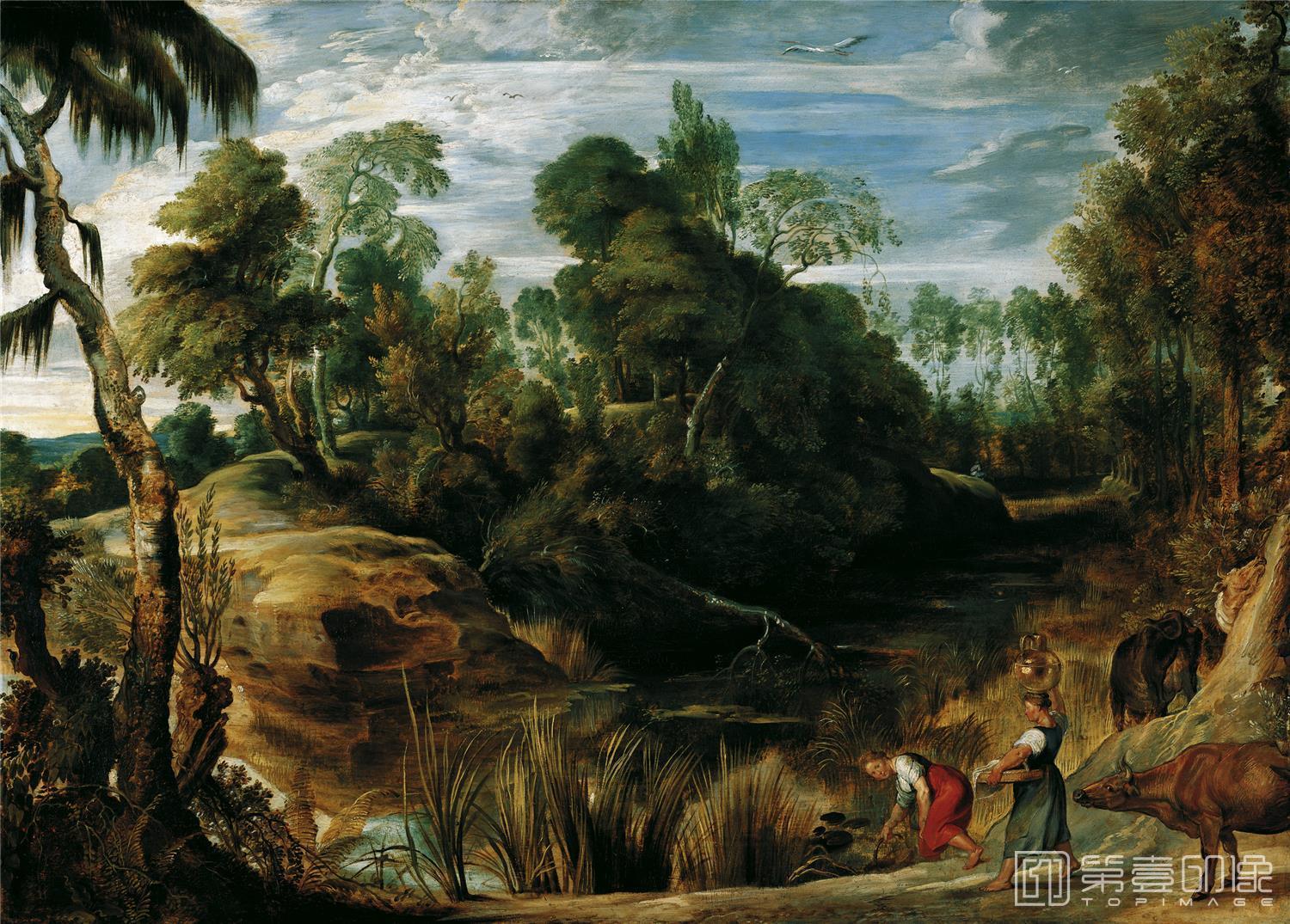 油画-列支敦士登皇家美术馆-Peter Paul RubensLandscape with Milkmaids and Cows-361